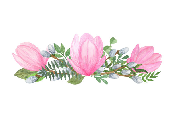 木兰插花剪纸，花卉组成，花束与叶子和花朵简单的水彩插画贺卡，海报，时尚的现代装饰想法图片下载