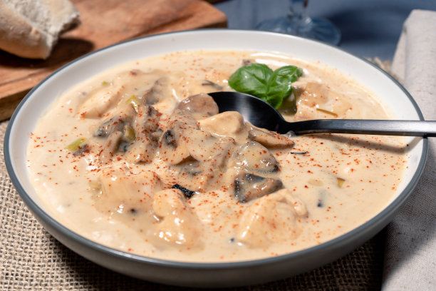 自制奶油鸡肉蘑菇汤或法式炖鸡肉配面包，放在木桌上的汤碗里。高的观点。图片下载