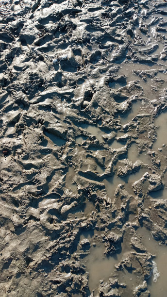 沾满脚印的泥浆。在泥里留下脚印或脚印。泥土质地或潮湿的棕色土，如天然有机粘土和地质沉积物的混合物，如雨后在肮脏泥泞的乡村地面上的粗糙。图片下载