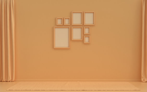 现代室内平坦的橙粉色房间没有家具和空，画廊墙壁模板与八个框架墙上的海报呈现，3d渲染图片下载