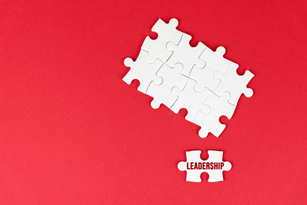 领导概念与文字白色拼图与缺失的一块红色拼图。图片下载