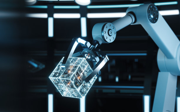 机械手臂和立方体在一个圆形的房间，三维渲染。图片下载