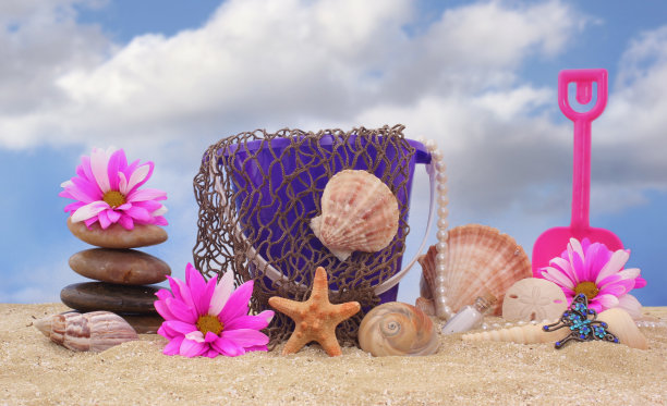 沙桶与网和海贝在沙与天空的背景图片下载