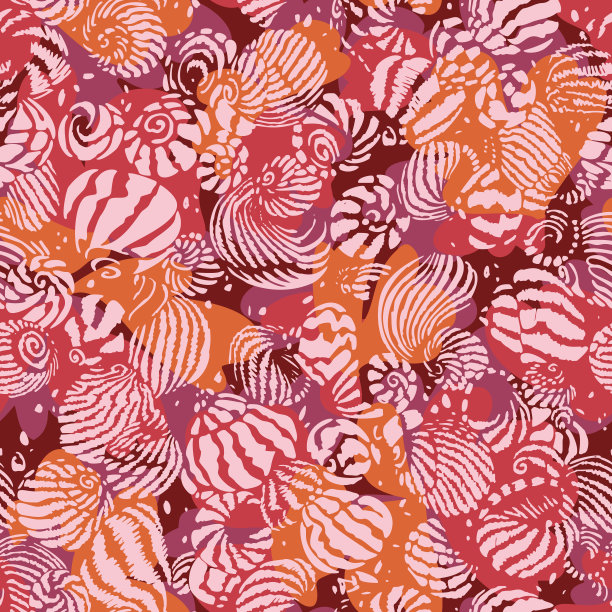 无缝剪影的海贝壳图案设计印刷。海螺背景叠加在抽象的彩色笔触纹理上。豪华的几何设计。时尚的航海无尽质感。图片下载