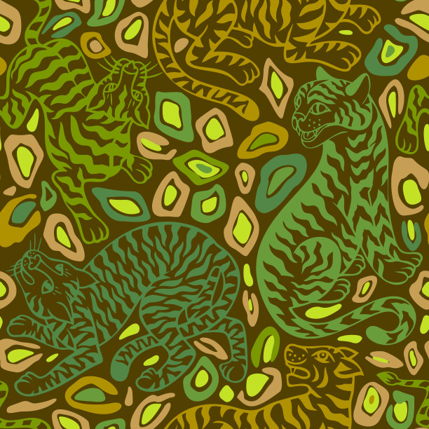 热带无缝模式。带有抽象几何点状纹理的丛林捕食者。猎豹、豹子、黑豹、野猫的剪影。丛林动物的背景。图片下载