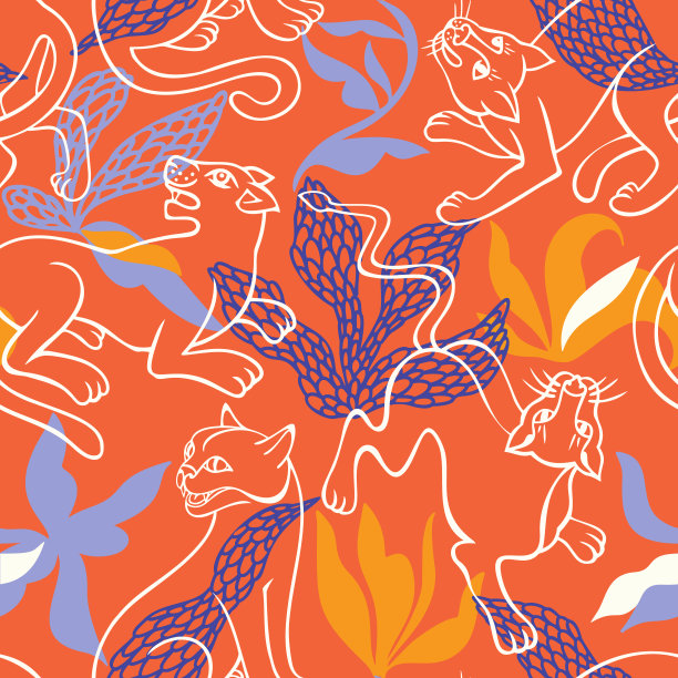 热带无缝模式。丛林捕食者用装饰性的叶子和植物覆盖。猎豹、豹子、黑豹、野猫的剪影。丛林动物的背景。图片下载