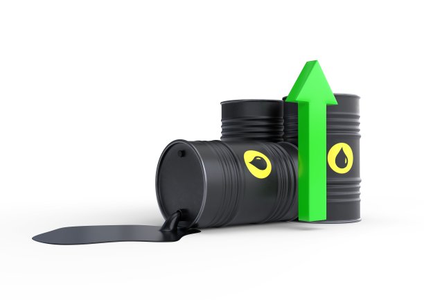 白色背景上孤立的石油桶和向上的绿色箭头图片下载