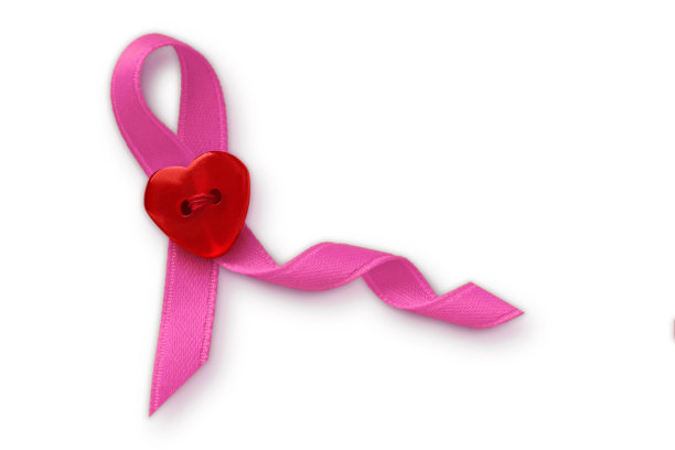 粉红色丝带与心形按钮在白色背景-乳腺癌的概念图片下载