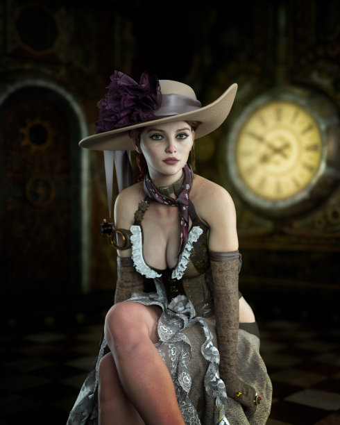 一名美丽的年轻女子穿着幻想中的蒸汽朋克服装坐在复古时钟前的肖像。3 d渲染。图片下载