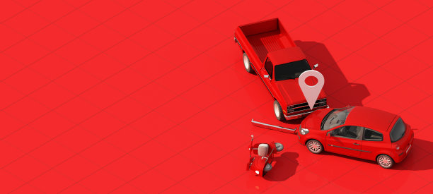 小货车与轿车和摩托车相撞的地方。损坏，等待保险，汽车保险概念上的红色背景隔离3d渲染等距图片下载