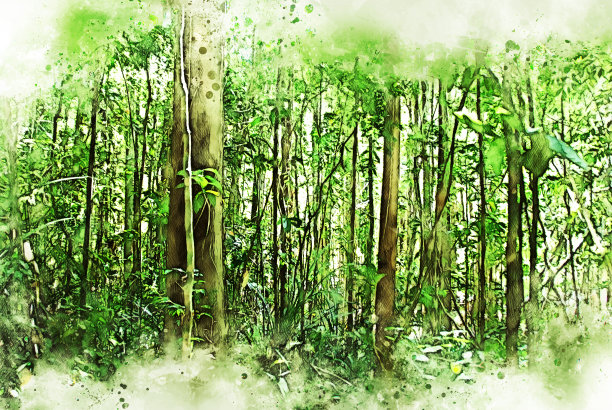 抽象的树和田野景观在水彩插画绘画背景。图片下载