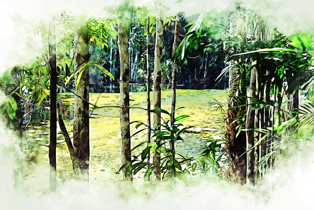 抽象的树和田野景观在水彩插画绘画背景。图片下载