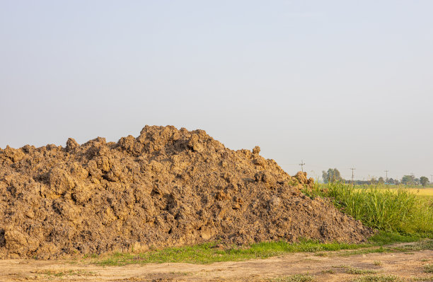 从山坡上看到的一大堆土壤，杂草丛生。图片下载