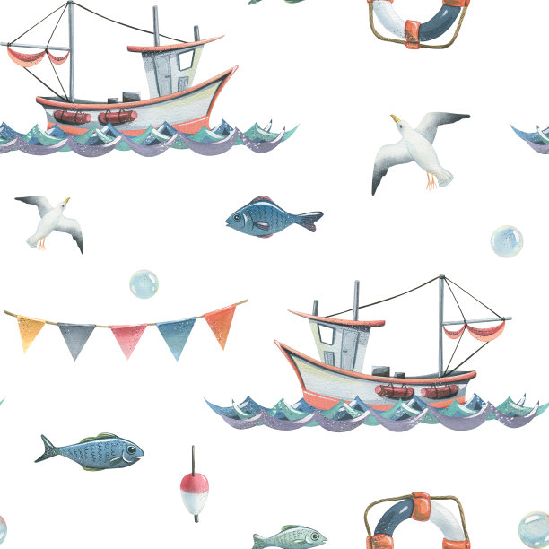 以海钓为主题的水彩插画，图案无缝衔接。图片下载