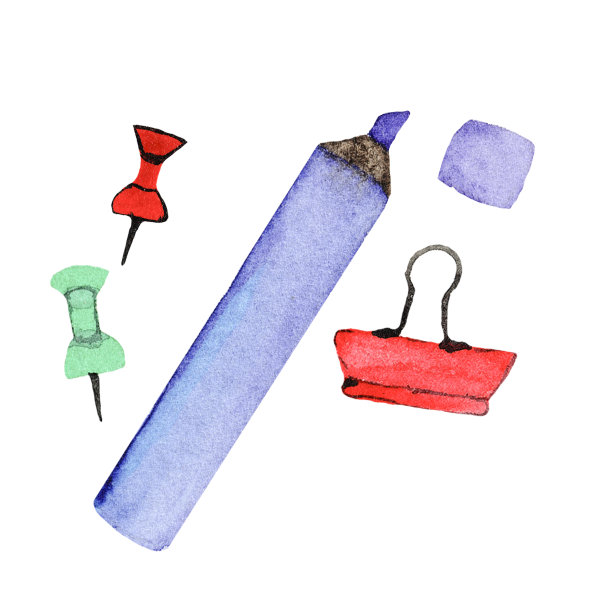 水彩蓝色记号笔和文具按钮孤立在白色背景上，纹理文具设置水彩插图图片下载