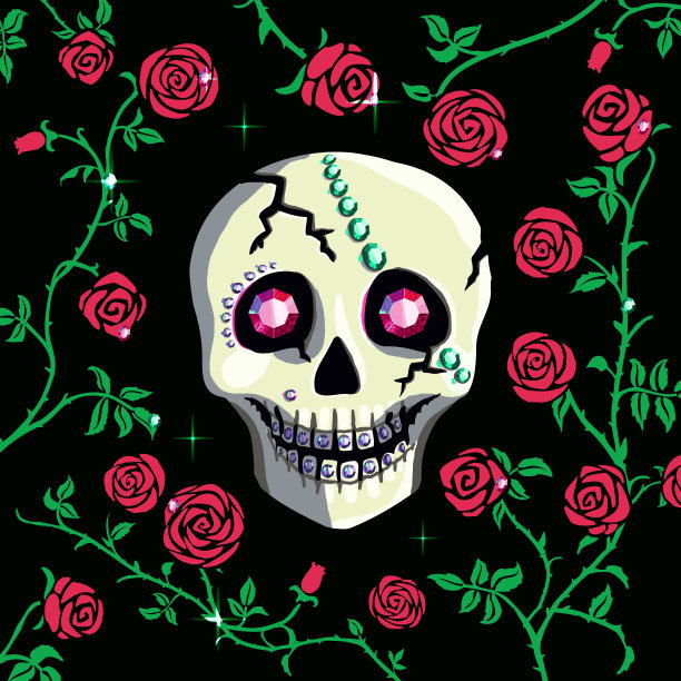 头骨装饰宝石宝石红宝石眼睛。红玫瑰花攀爬卷曲花图片下载