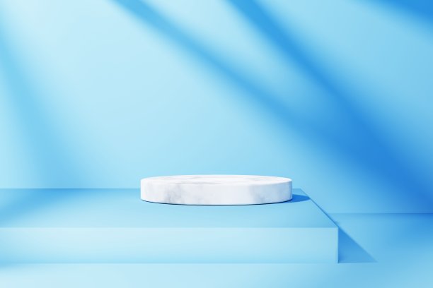 白色3d平台空与窗口阴影蓝色抽象背景。产品模拟演示的副本空间。图片下载
