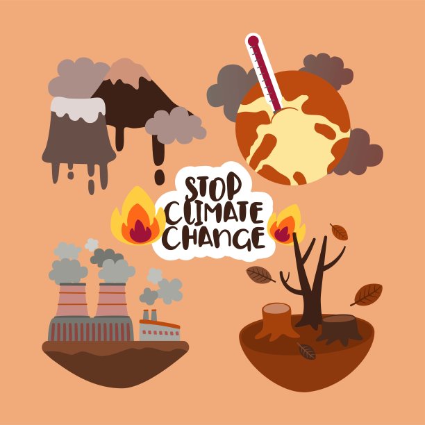 手绘的气候变化和全球变暖徽章，元素图标集集合，矢量，插图图片下载