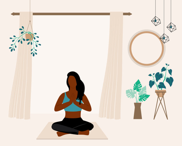 黑人妇女在家做瑜伽。图片下载