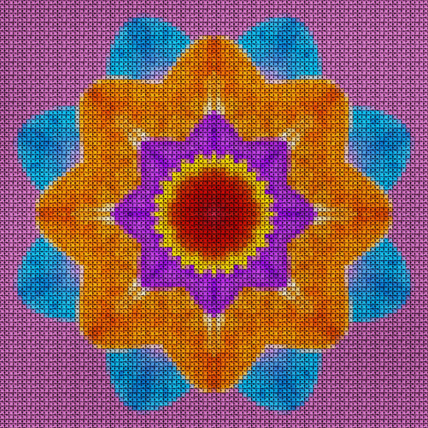 插图十字绣曼陀罗从花。十字绣印花拼贴。曼荼罗-象征冥想，佛教，印度教，瑜伽。东方风格的植物几何画图片下载