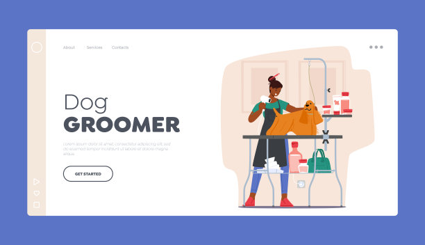 狗美容服务着陆页面模板。美容师干燥家畜毛发，宠物站在沙龙的桌子上图片下载