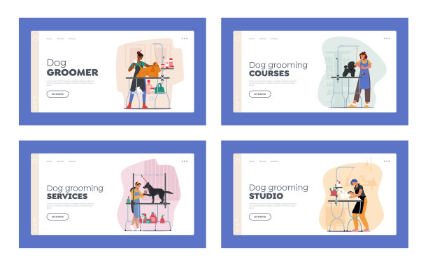 美容师照顾狗着陆页模板集。理发师角色剪羊毛和爪子，干燥或梳理宠物图片下载