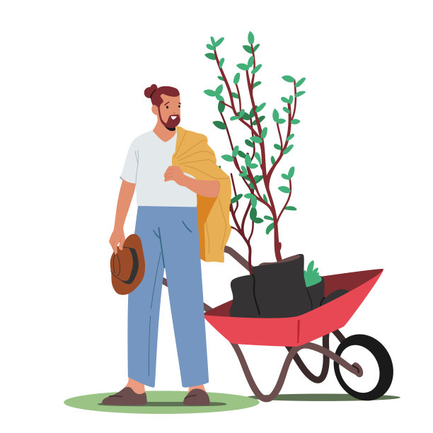 自然与生态概念“，”园林绿化种苗，人用手推车搬运植物图片下载