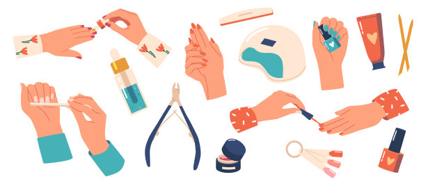 设置女性手指甲修甲程序，女性角色覆盖指甲油，剪刀，灯，丙烯酸凝胶，调色板图片下载