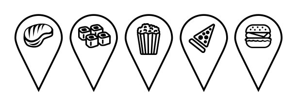 快餐店地图别针图标设置。披萨店，汉堡咖啡馆定位针地图标记图标设置。图片下载