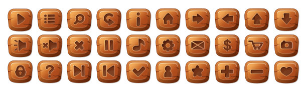 套在卡通风格的方形木制按钮。在移动应用程序或休闲电子游戏中的GUI资产。图片下载