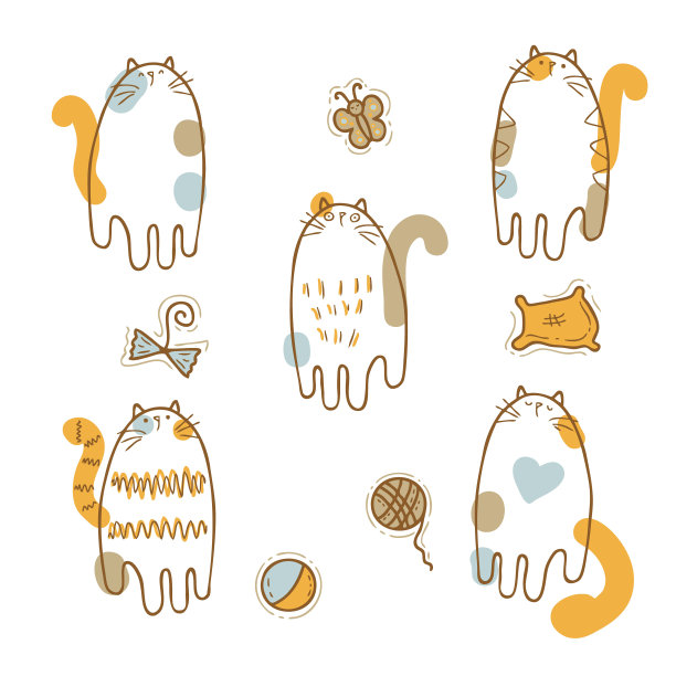 手绘向量集三色可爱的小猫和猫玩具。完美的剪贴簿，贺卡，海报，贴纸工具包。涂鸦风格的装饰和设计插图。图片下载