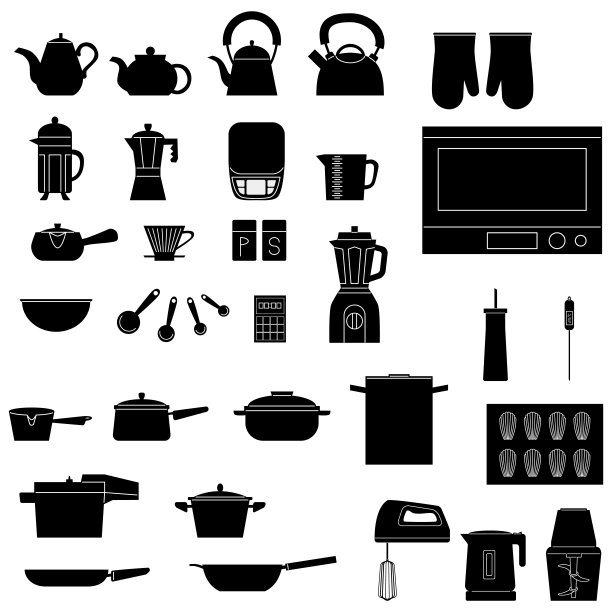 厨房用具的剪影图标插图。图片下载