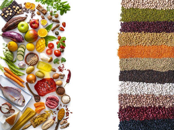 多种食物，碳水化合物，蛋白质，蔬菜，水果，奶制品，豆类，白色图片下载