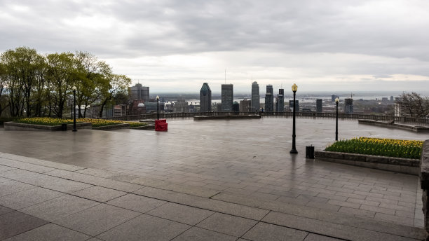 从皇家山上的小木屋俯瞰蒙特利尔市中心的全景图片下载
