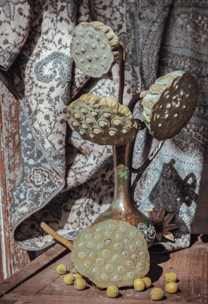 新鲜的绿色莲子荚在古董雕刻铁罐或花瓶上旧木椅。图片下载