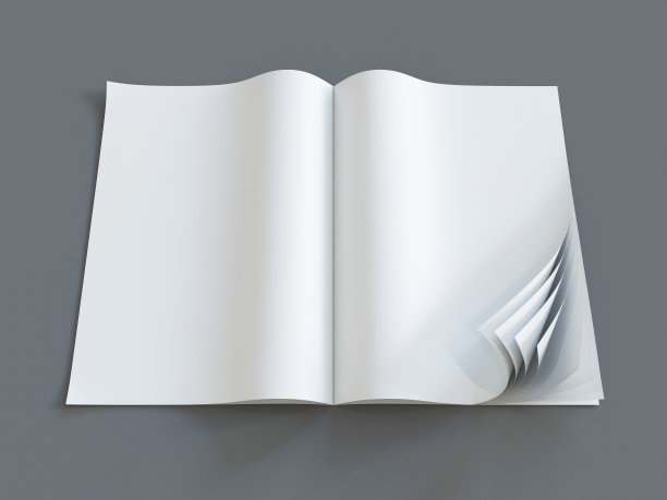 打开空白杂志模板与卷曲页在灰色背景3d渲染图片下载