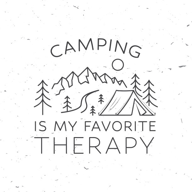 露营是我最喜欢的治疗方法。向量。概念衬衫，标志，印刷，邮票或t恤。复古线条艺术设计，露营帐篷，山和森林剪影。户外冒险报价。图片下载