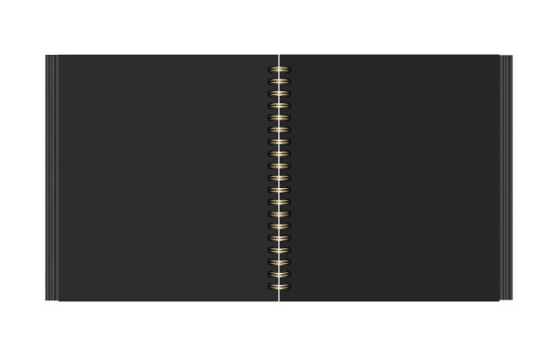 打开有黑色空白页的相册或书。方形剪贴簿簿上金色的金属螺旋。向量的现实模型。为您的设计模板。EPS10。图片下载