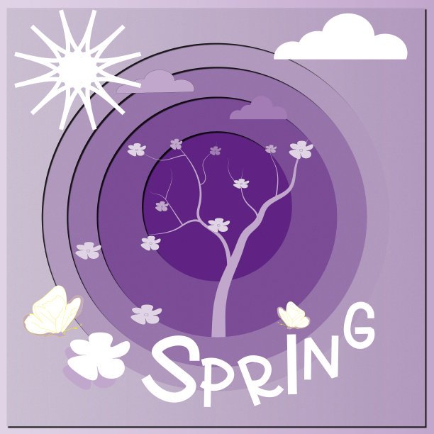 剪纸风格的春天主题插图，树与花，蝴蝶，太阳，云和春天的字母在前景。图片下载