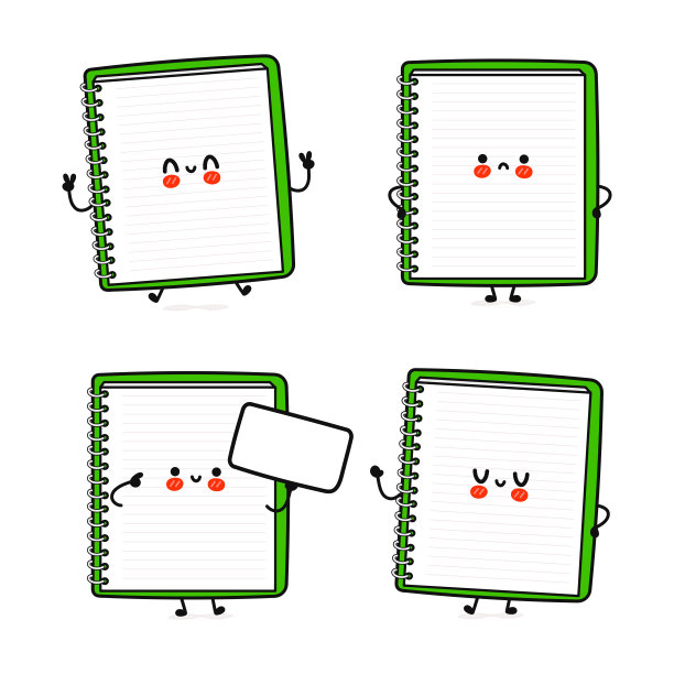 有趣可爱的快乐笔记垫字符捆绑集。矢量手绘涂鸦风格卡通人物插图图标设计。孤立的白色背景。可爱的便条垫吉祥物字符收集图片下载