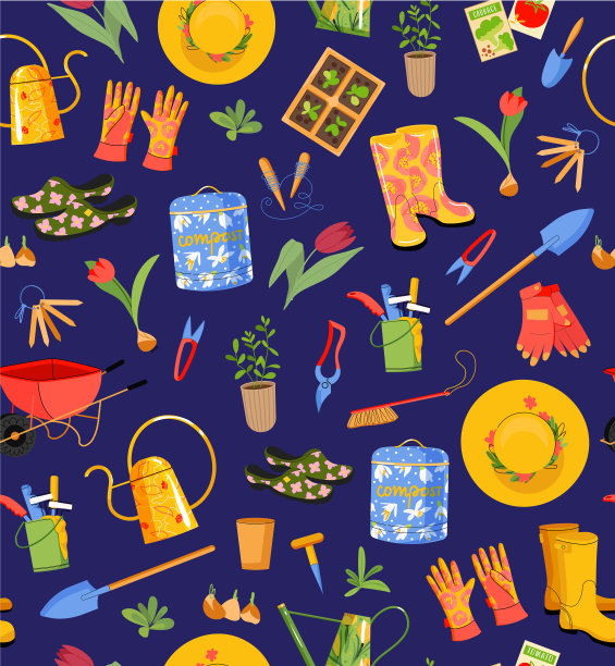 春天园艺工具和衣服矢量无缝图案。可爱的平面图标花园设备和蓝色背景上的花。重复的背景，包装，纺织或网图片下载