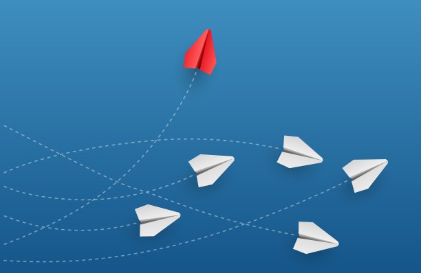 个性的概念。独一无二的领导红纸飞机飞到一旁。向量图片下载
