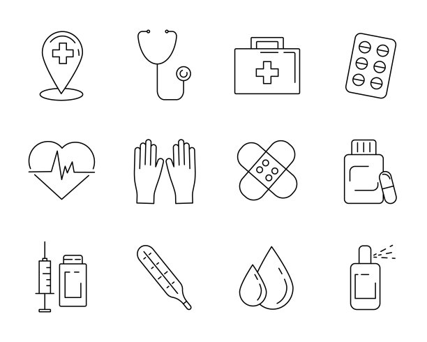 简单的医学线性图标集。包含图标，如药丸，急救箱，注射器，防腐剂等。向量图片下载
