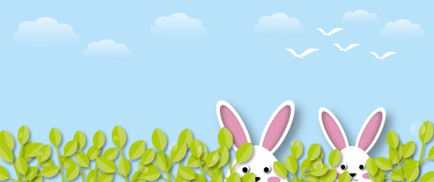 白色的兔子与叶子，鸟和云在蓝色的天空背景，复活节贺卡的节日插图。图片下载