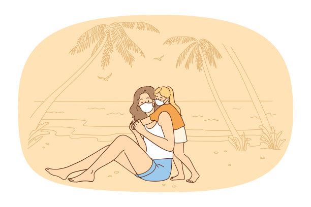 母亲和女儿戴着口罩在海滩上图片下载