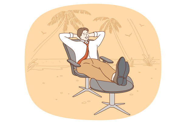 快乐男人自由职业者在沙滩上的椅子上放松图片下载