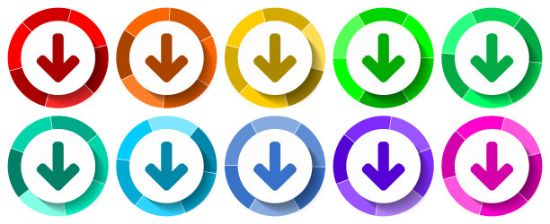 向下箭头图标集，平面设计矢量插图在10种颜色的移动应用程序和网页设计选项图片下载