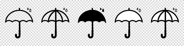 雨伞与雨滴-不同的黑色矢量图标隔离在透明的背景图片下载