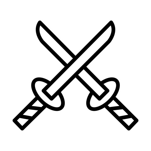 武器系列中的双武士刀图标。白背景上细线条的双武士刀、日本、武士刀轮廓图标。用于网络和移动的线条双武士刀标志、符号图片下载