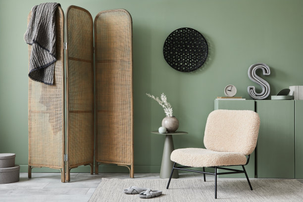 富有创意的客厅内部组合，配有frotte扶手椅、折叠屏风、木制马桶和现代家居配件。灰绿色的墙。模板。副本的空间。真实的照片。图片下载